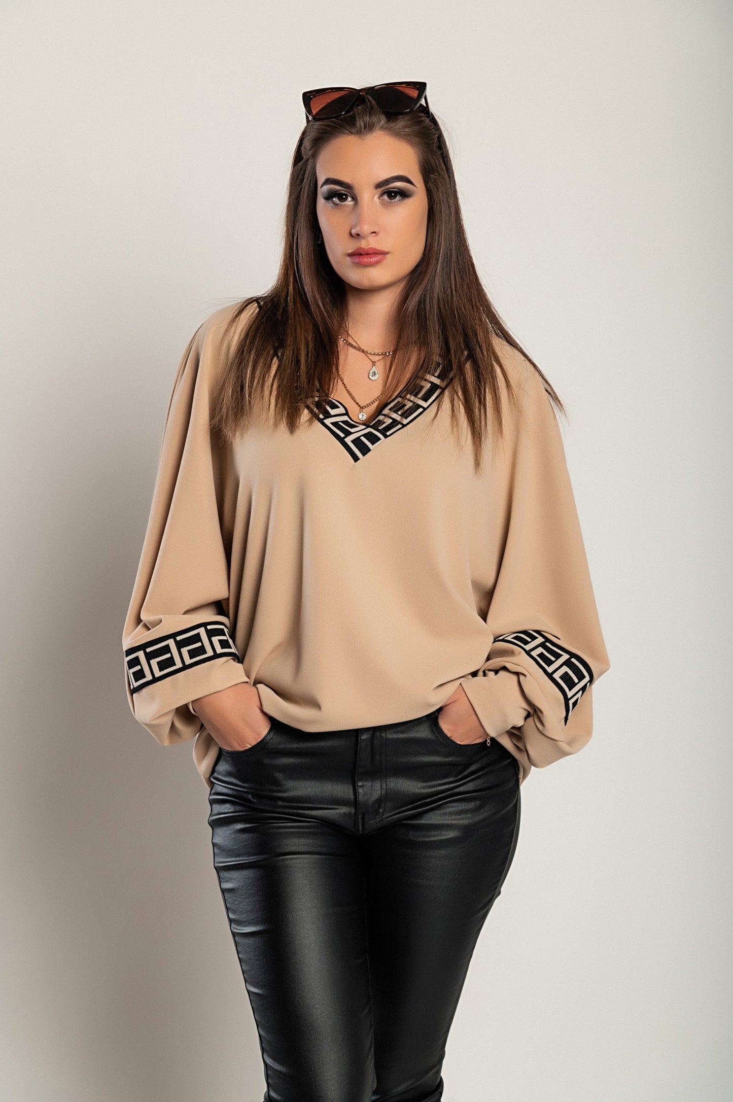 Printed Loose Top Beige