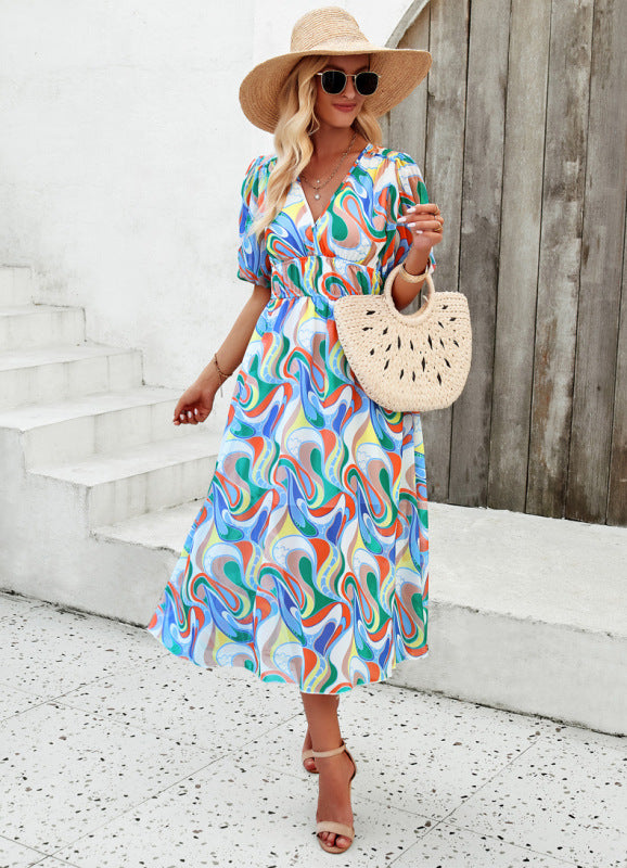 Elegant printed V-neck dress