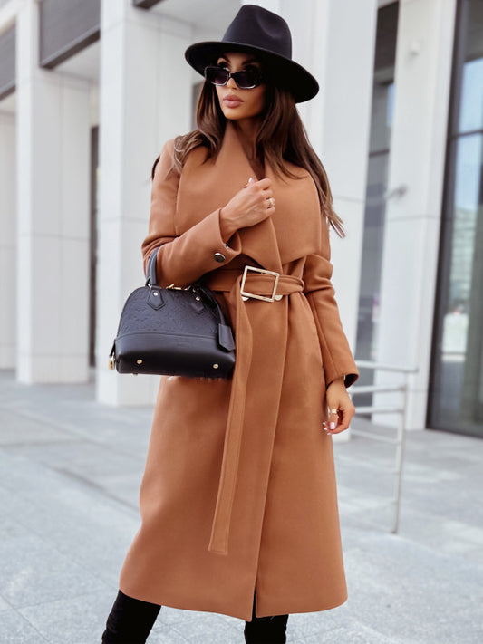 V-neck strappy woolen coat