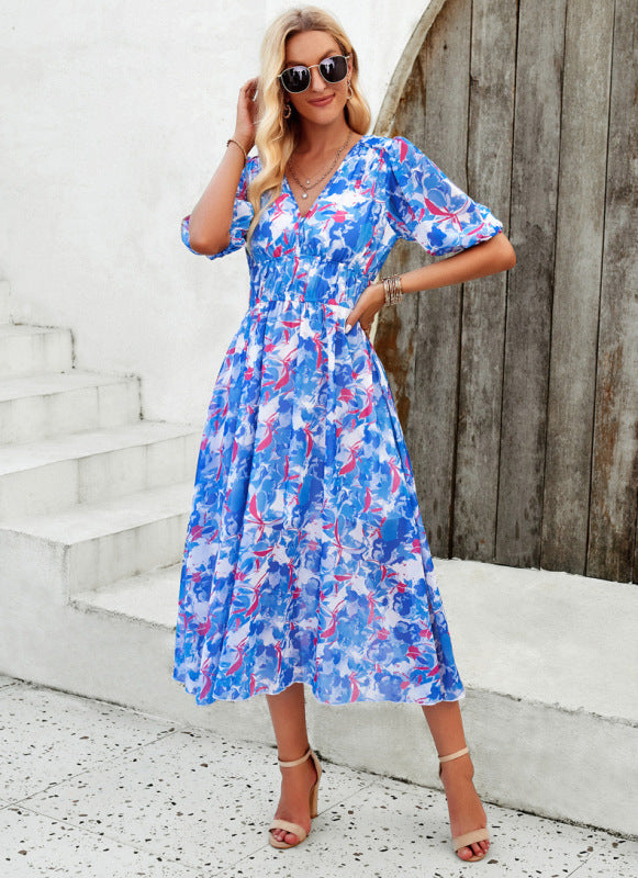 Elegant printed V-neck dress