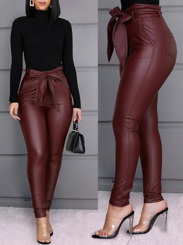 Slim Fit Tie Belt Faux Leather Pants