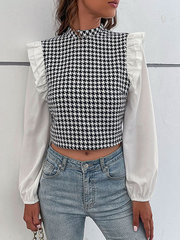 Woven Mock Neck Houndstooth