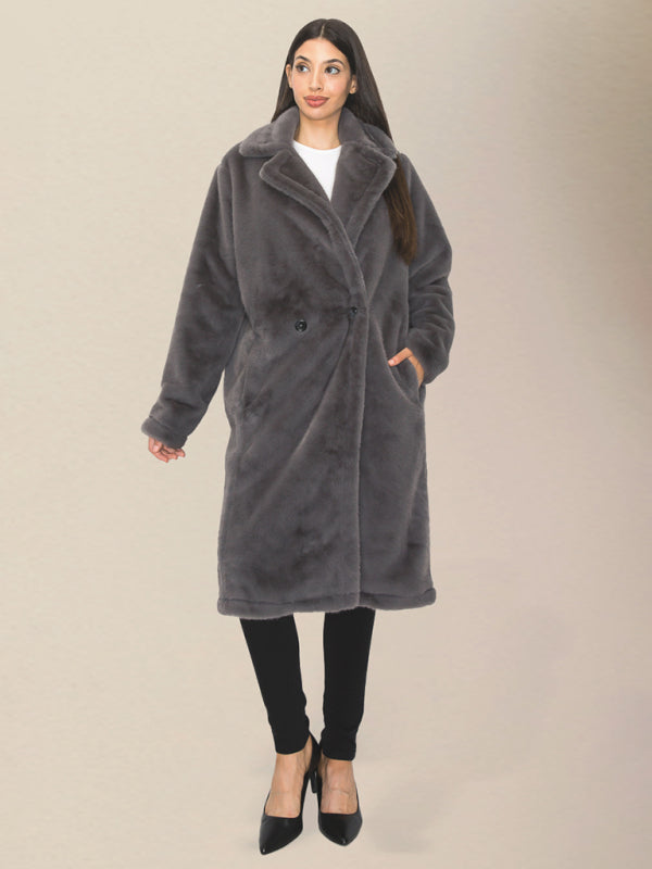 Loose lapel long plush coat