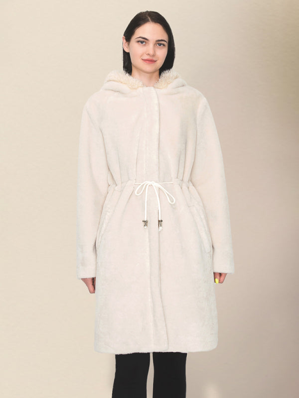 Women's loose hooded waist long plush coatRP0023535