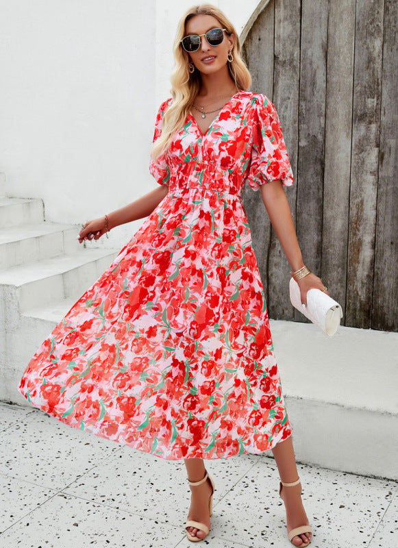 Elegant printed V-neck dress